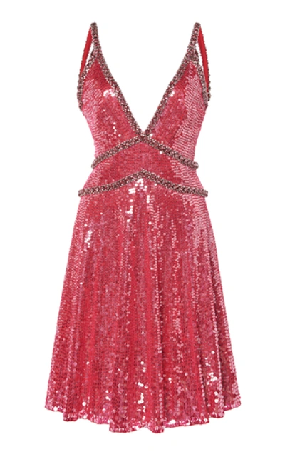 Jenny Packham V-neck Sequined Mini Dress In Red