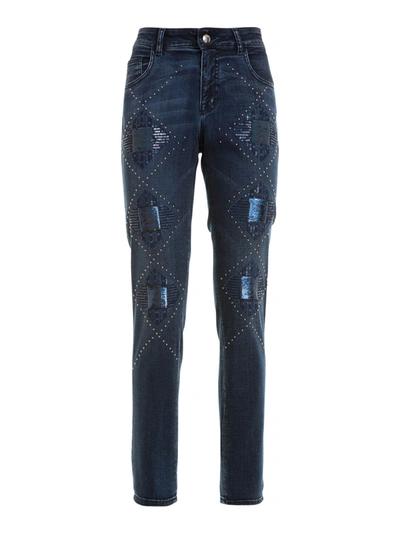 Angelo Marani Stud Ans Sequin Embellished Jeans In Dark Wash