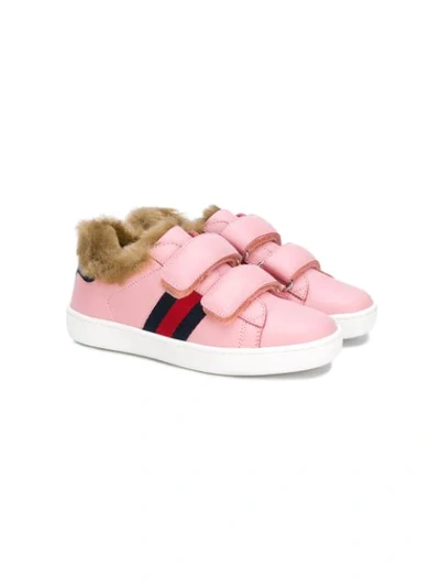 Gucci New Ace Web-trim Leather Sneakers W/ Faux-fur Lining, Kids In Pink