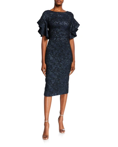 Theia Women's Ruffle-sleeve Cloqué Cocktail Dress In Midnight