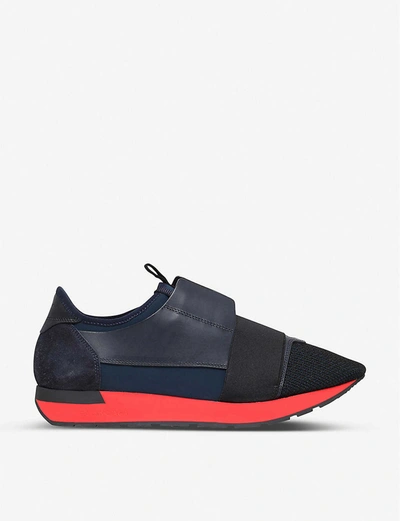 Balenciaga Race Runners Panelled Mesh, Leather And Knitted Low-top Trainers In Blue/drk.c