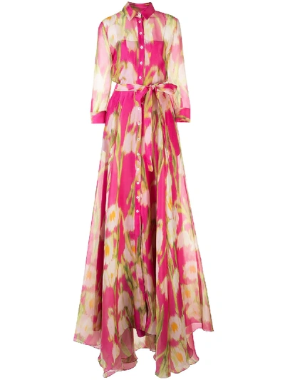 Carolina Herrera Floral Long Sleeve Silk Shirt Gown In Pink