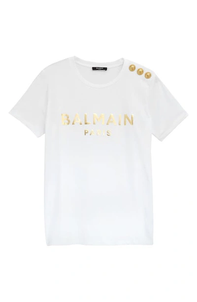Balmain Button Shoulder Logo Tee In Blanc/ Noir