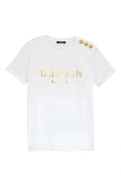 Balmain Button Shoulder Logo Tee In Blanc