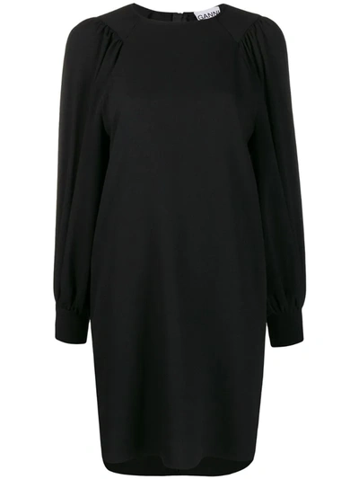 Ganni Long Sleeve Crepe Shift Dress In Black 099