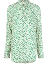 Ganni Leaf Print Crepe Button-up Shirt In White