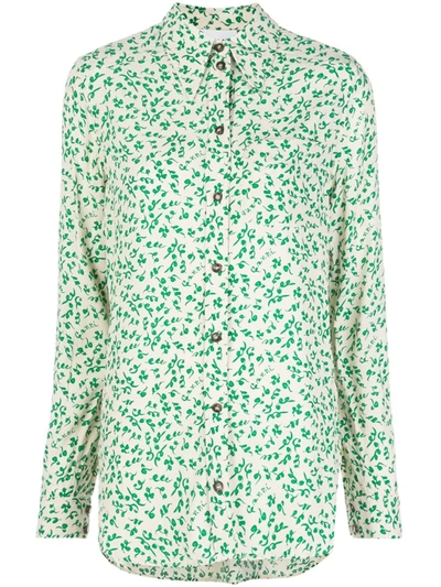 Ganni Leaf Print Crepe Button-up Shirt In White