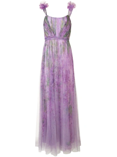 Marchesa Notte Appliquéd Pleated Printed Tulle Gown In Lilac