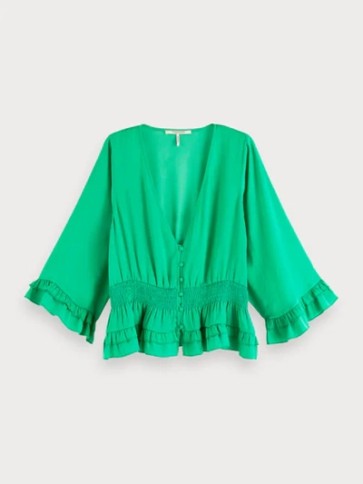 Scotch & Soda Ruffle V-neck Blouse In Green