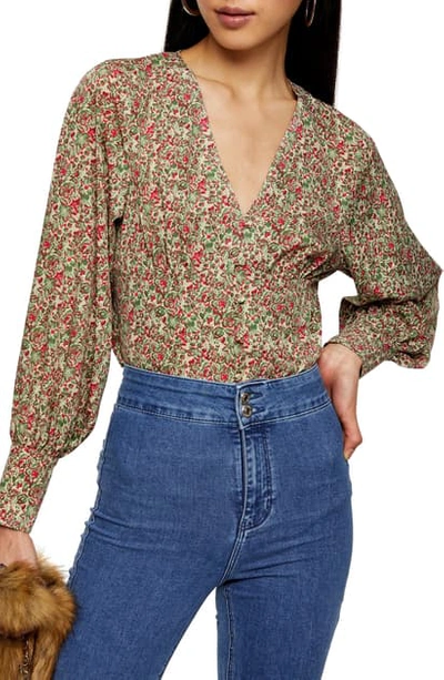Topshop Ditsy Floral Corset Tea Top In Green Multi