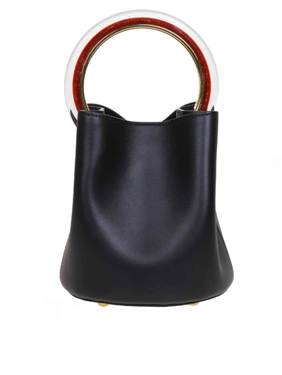 Marni Pannier Hand Bag In Black Leather With Circular Handle In Resin And Metal