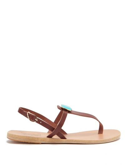 Ancient Greek Sandals Lito Turquoise-embellished Leather T-strap Sandals In Brown