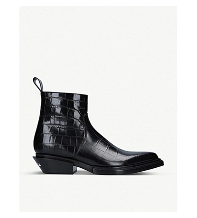 Balenciaga Santiag Crocodile-effect Leather Ankle Boots In Black