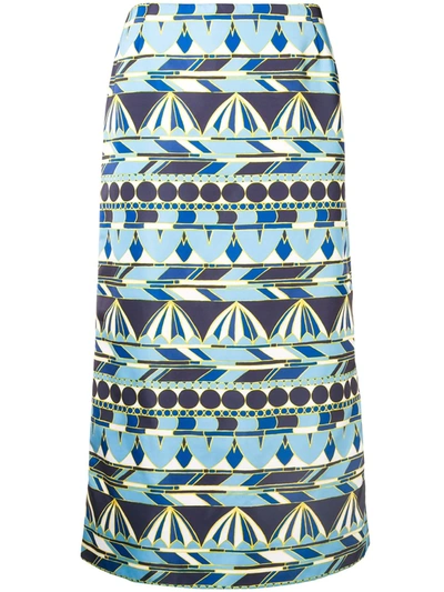 La Doublej Umbrellas-print Pencil Skirt In Blue
