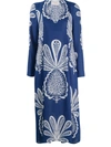 La Doublej V Trapezio Pineapple Print Long Sleeve Midi Dress In Big Pineapple Blu