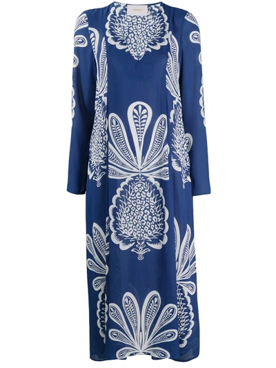La Doublej V Trapezio Pineapple Print Long Sleeve Midi Dress In Big Pineapple Blu