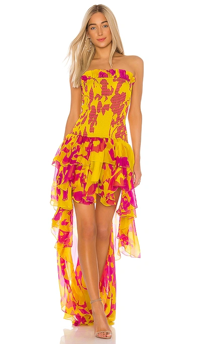 Caroline Constas Lola Smocked Dress In Yellow & Fuchsia