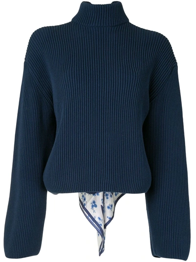 Loewe Navy And White Floral Silk Scarf Sweater In Blue