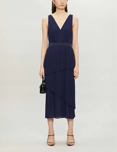 Ted Baker Pleated Tiered Crepe Midi Dress In Navy