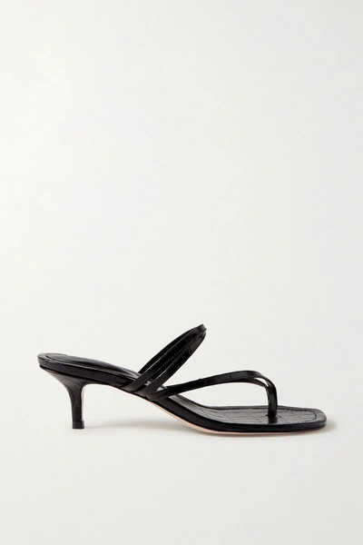 Porte & Paire Croc-effect Leather Sandals In Black