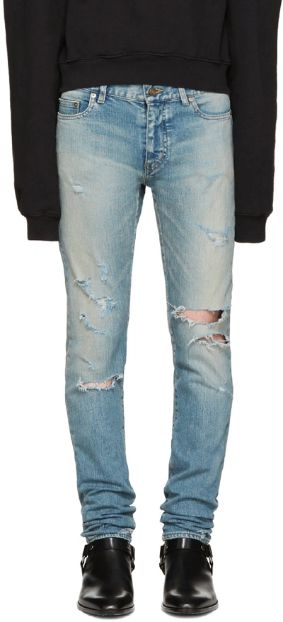 Saint Laurent Crash Distressed Skinny Jeans In Dirty Original Blue Trash