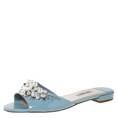 Pre-owned Miu Miu Blue Patent Leather Pearl Embellished Slides Sandals Size 40