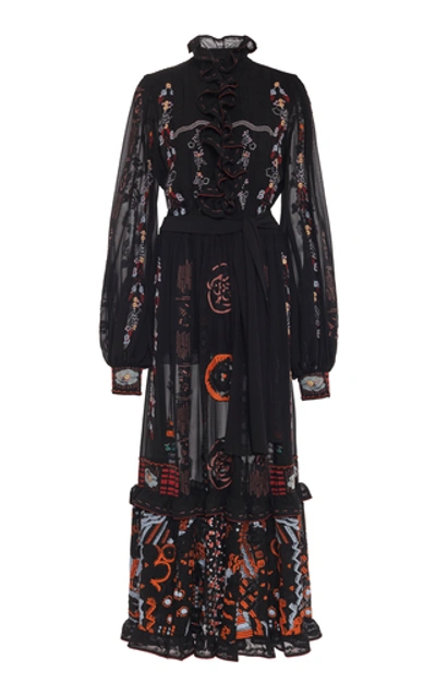 Etro Embroidered Ruffled Silk-chiffon Maxi Dress In Black