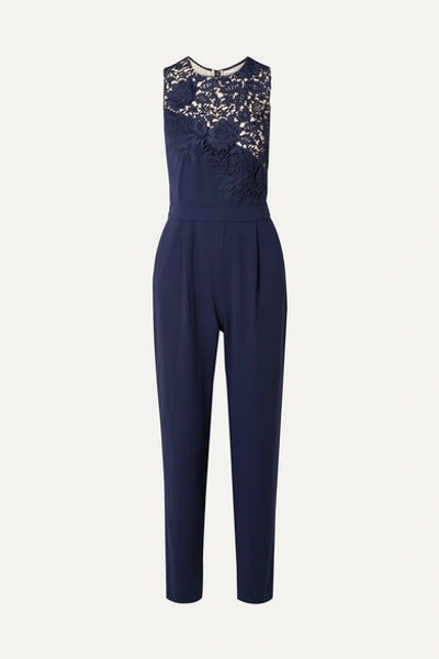 Alice And Olivia Jeri Guipure Lace-paneled Crepe Jumpsuit In Navy
