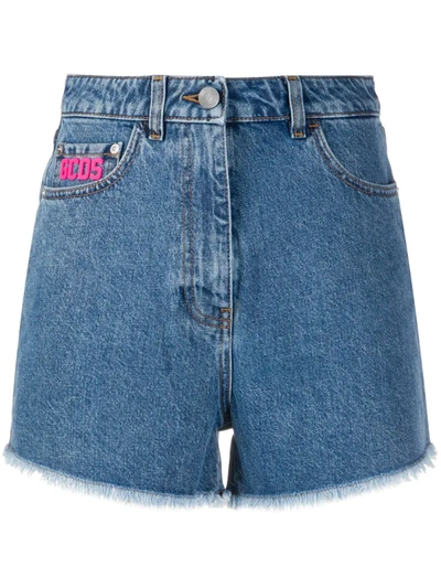 Gcds Frayed Denim Shorts In Blue