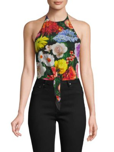 Alice And Olivia Laura Floral-print Silk Crepe De Chine Halterneck Top In Yellow Multi