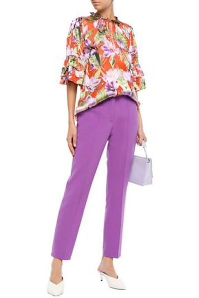 Alice And Olivia Julius Tie-neck Floral-print Burnout Satin Blouse In Orange