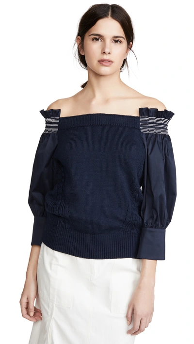 Adeam Off Shoulder Smocking Sweater In Navy