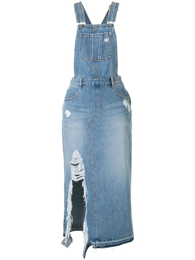 Sjyp Distressed Overall Denim Dress In Blue