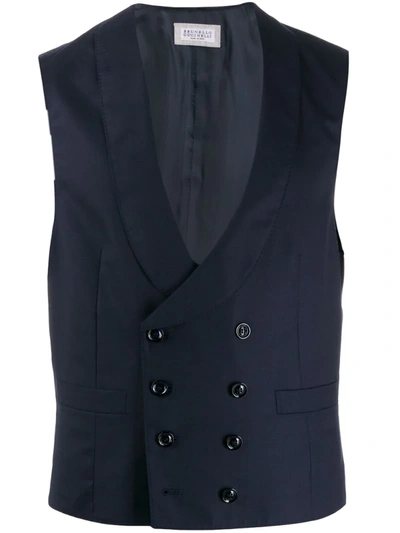 Brunello Cucinelli Double Buttoned Sleeveless Waistcoat In Blue