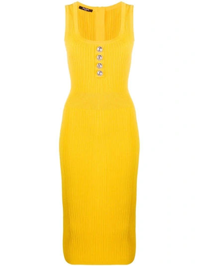 Balmain Knitted Fitted Dress In Yellow