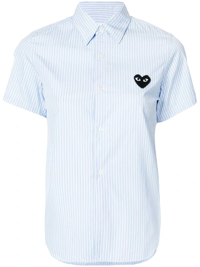 Comme Des Garçons Play Short-sleeved Heart-embroidery Pinstriped Shirt In Blue