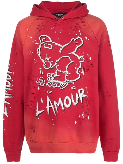 Domrebel L'amour Print Distressed Effect Hoodie In Red