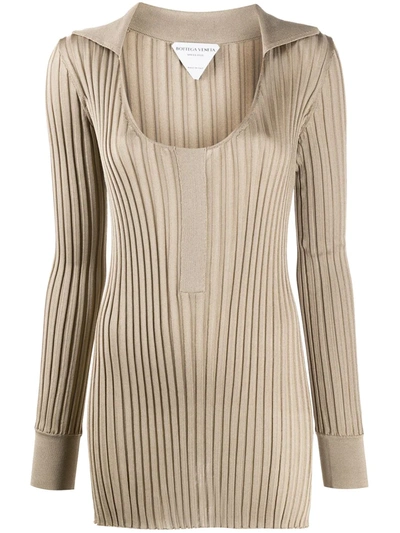 Bottega Veneta Scoop Neck Ribbed Long Knitted Top In Neutrals