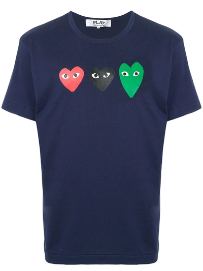 Comme Des Garçons Play Triple Logo Print T-shirt In Blue