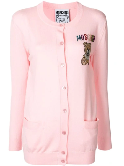 Moschino Embroidered Beaded Teddy Bear Cardigan In Pink