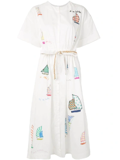 Mira Mikati Sailboat Embroidered Shirt Dress In White