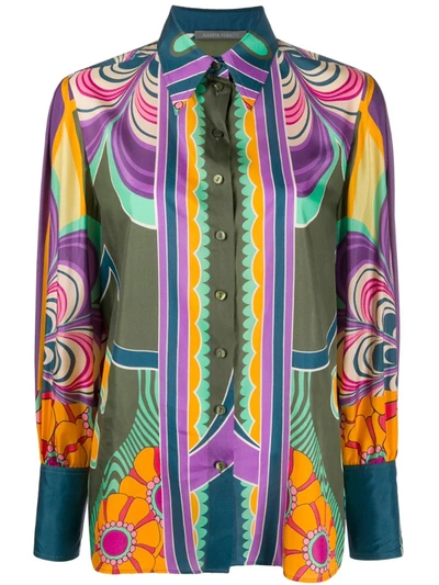 Alberta Ferretti Graphic Floral Print Silk Shirt In Multicolor