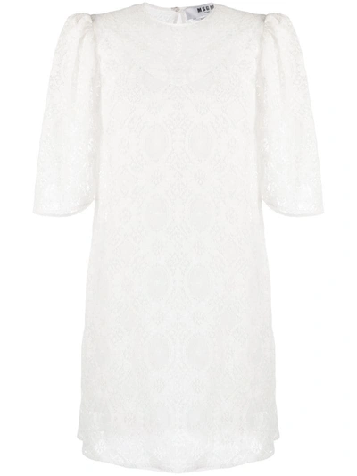 Msgm Puff-sleeved Floral Lace Shift Dress In White