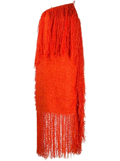 Msgm Fringe-trimmed Bouclé Dress In Orange