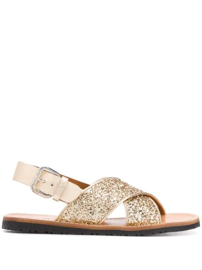 Car Shoe Glittery Slingback Flat Sandals In Gold