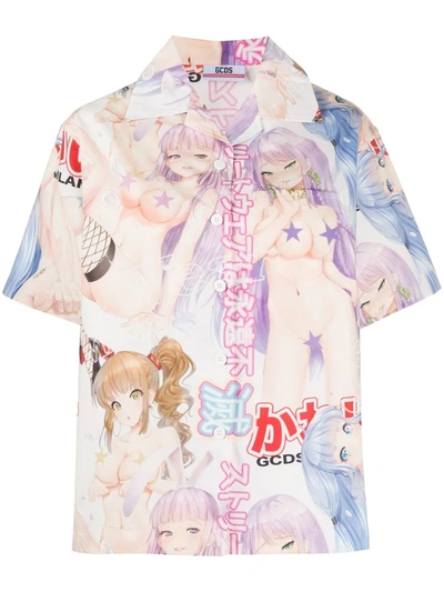 Gcds Boxy Fit Anime Print Shirt In Neutrals