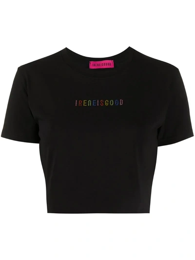 Ireneisgood Rhinestone Logo Cropped T-shirt In Black