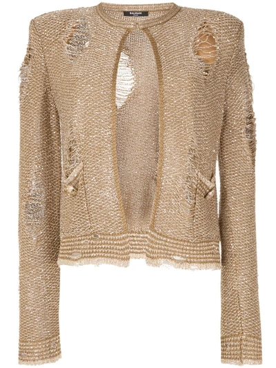 Balmain Ripped Sequin Embroidered Tweed Jacket In Brown