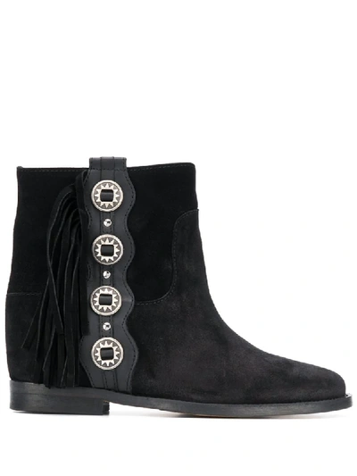 Via Roma 15 Textured Fringed Detail Ankle Boots In Black