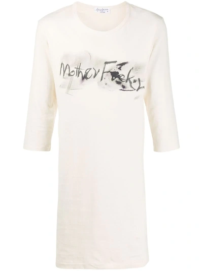 Yohji Yamamoto Long Slogan Print T-shirt In Neutrals